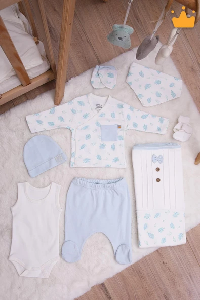 Babyhola Kız Erkek Bebek Yenidoğan 8'li Zıbın Seti 0-3Ay Hediyelik Hastane Çıkışı Yaprak Desen 6016 - 9