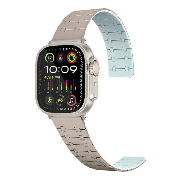 KNY Apple Watch 44 MM İçin Çizgili Desenli Çift Renkli Mıknatıslı Silikon Kayış-Kordon KRD-111 Taba