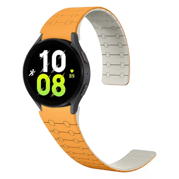 KNY Samsung Galaxy Watch 6 44 MM İçin 20MM Çizgili Desenli Çift Renkli Mıknatıslı Silikon Kayış-Kordon KRD-111 Turuncu