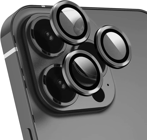 12 Pro Max Uyumlu Alüminyum Alaşım Çerçeveli Tempered Glass Kamera Lens Koruyucu Kırılmaz Cam(3'lü Set) (Siyah)