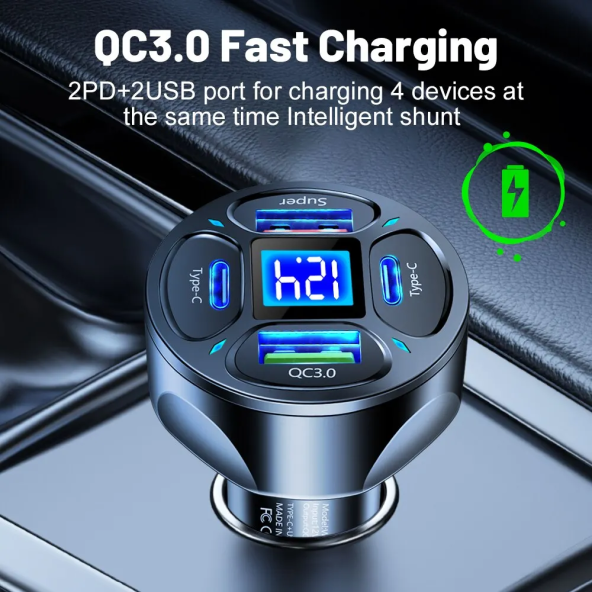Zuidid LED Dijital Ekranlı 2 USB + 2 Type C Portlu Hızlı Araç Şarjı - 3