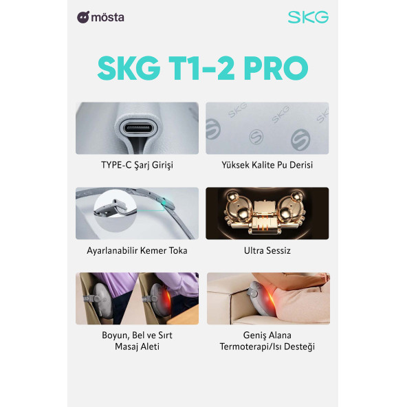 SKG T1-2 PRO Masaj Yastığı, Özel Termoterapi-Isı Terapisi, Bel, Kalça, Sırt, Omuz Boyun Masaj Aleti, Kablosuz ve Type-C - 2