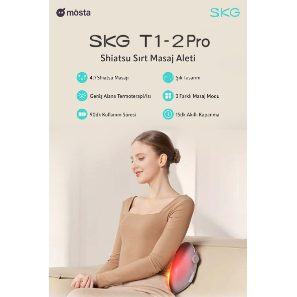 SKG T1-2 PRO Masaj Yastığı, Özel Termoterapi-Isı Terapisi, Bel, Kalça, Sırt, Omuz Boyun Masaj Aleti, Kablosuz ve Type-C - 3