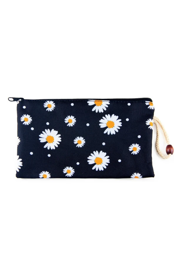 Papatya Çiçek Desenli Kalemlik Fermuarlı Makyaj Çantası Büyük Boy - 2