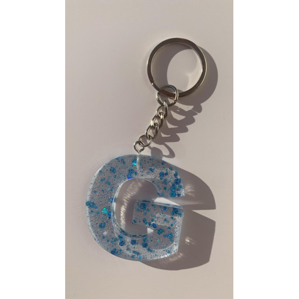G Harfi Şeffaf Epoksi Mavi Glitter Süslemeli Gümüş Halka Anahtarlık El Yapımı Hediyelik - 4