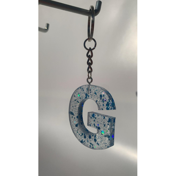 G Harfi Şeffaf Epoksi Mavi Glitter Süslemeli Gümüş Halka Anahtarlık El Yapımı Hediyelik - 5