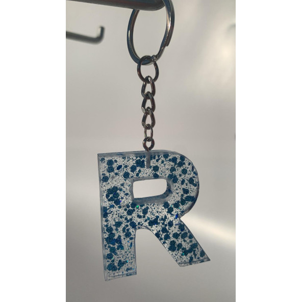 R Harfi Şeffaf Epoksi Mavi Glitter Süslemeli Gümüş Halka Anahtarlık El Yapımı Hediyelik - Resim 3