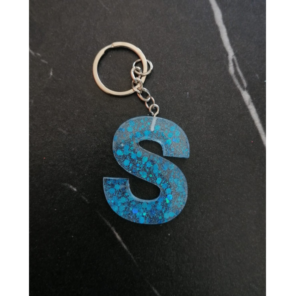 S Harfi Şeffaf Epoksi Mavi Glitter Süslemeli Gümüş Halka Anahtarlık El Yapımı Hediyelik - 2