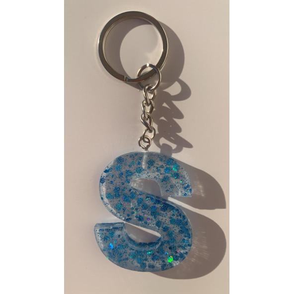 S Harfi Şeffaf Epoksi Mavi Glitter Süslemeli Gümüş Halka Anahtarlık El Yapımı Hediyelik - 6