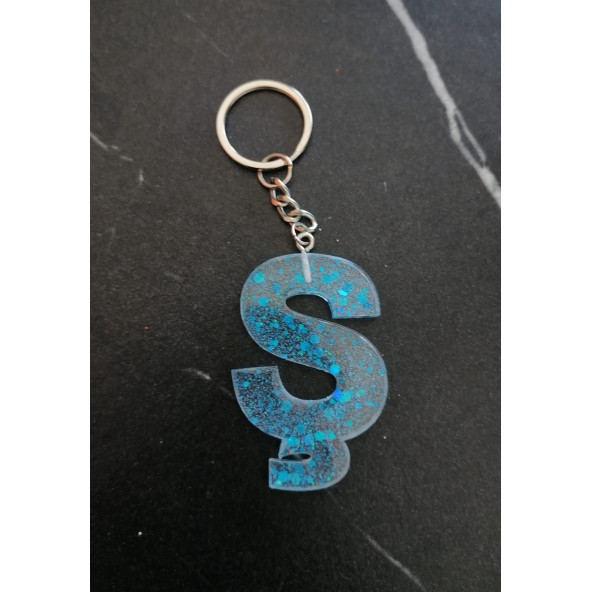 Ş Harfi Şeffaf Epoksi Mavi Glitter Süslemeli Gümüş Halka Anahtarlık El Yapımı Hediyelik - 5