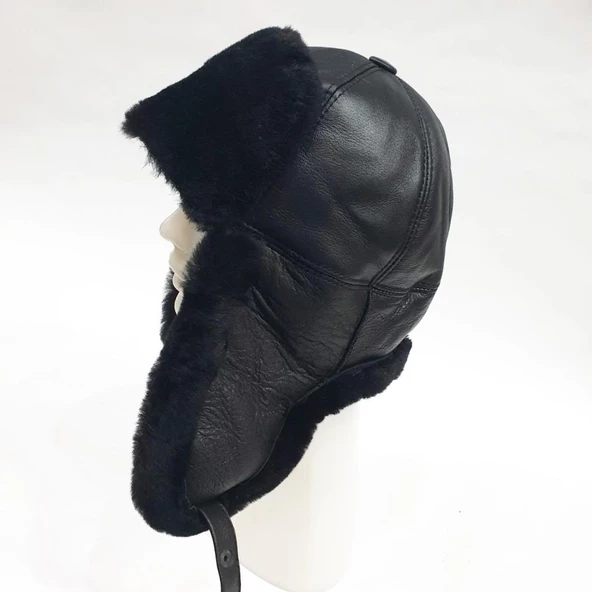 Pilot Model İçi Kürklü Siyah Renk Deri Şapka - 5