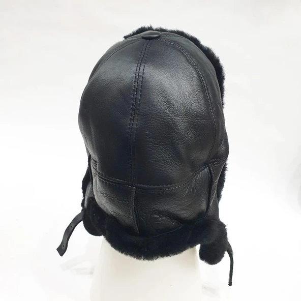 Pilot Model İçi Kürklü Siyah Renk Deri Şapka - 3