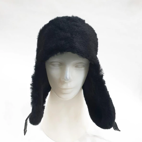 Pilot Model İçi Kürklü Siyah Renk Deri Şapka - 4