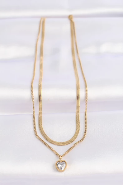 316L Çelik 2li Zincir Altın Renk Zirkon Taşlı Minimal Kalp Kolye - TJ-BKO8650 - Resim 2