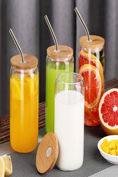 6'lı Bambu Kapaklı Pipetli Cam Bardak Isıya Dayanıklı Borosilikat Kola - 2