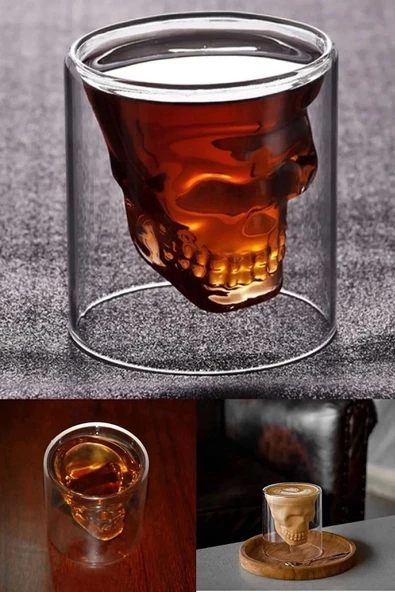 3'lü Kuru Kafa Viski Shot Bardağı Çift Cidarlı Bardak Kristal Skull Tasarım Kokteyl - 3