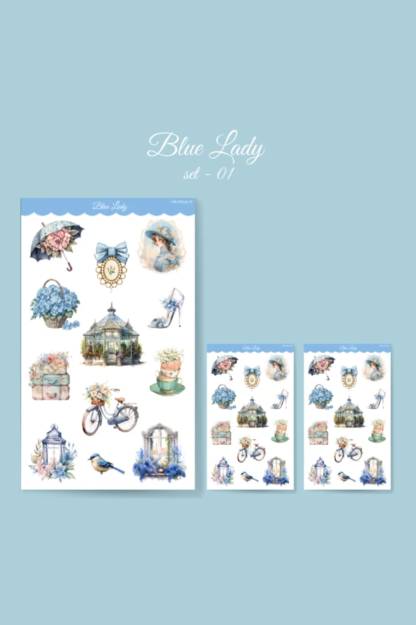 Blue Lady -12 Parçalı - Vintage Mavi Sticker Set -3 ADET- Parlak Kağıt