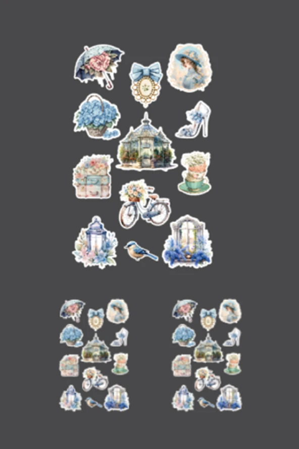 Blue Lady -12 Parçalı - Vintage Mavi Sticker Set -3 ADET- Parlak Kağıt - 3
