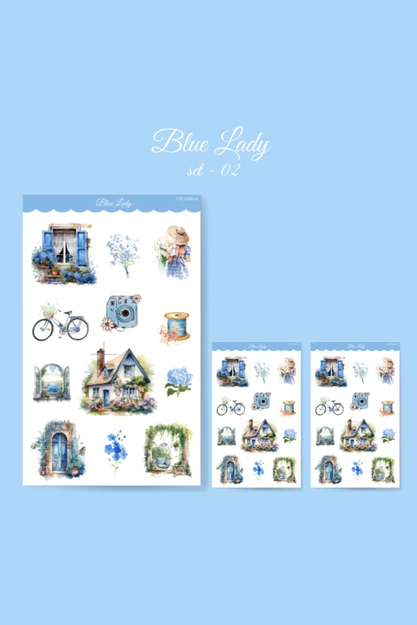 Vintage Blue Lady Sticker Set - 3 ADET - parlak Kağıt