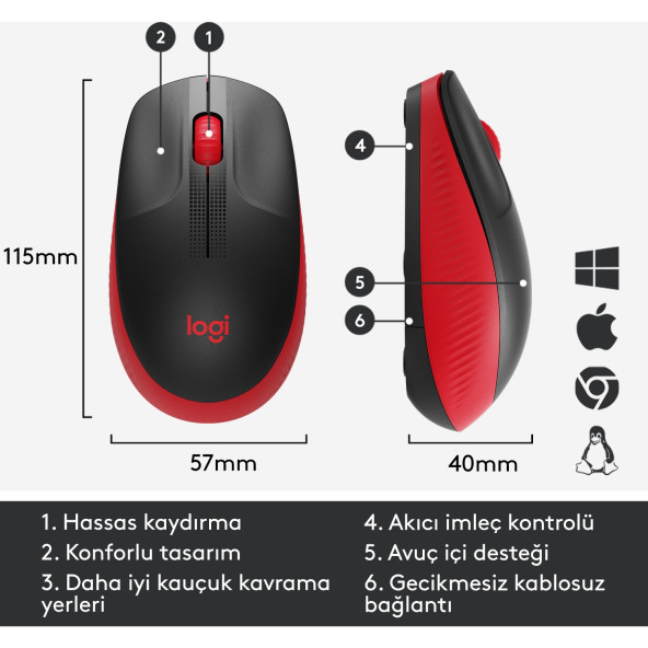 Logitech M191 910-005910 Kırmızı Optik Kablosuz Mouse - Resim 5
