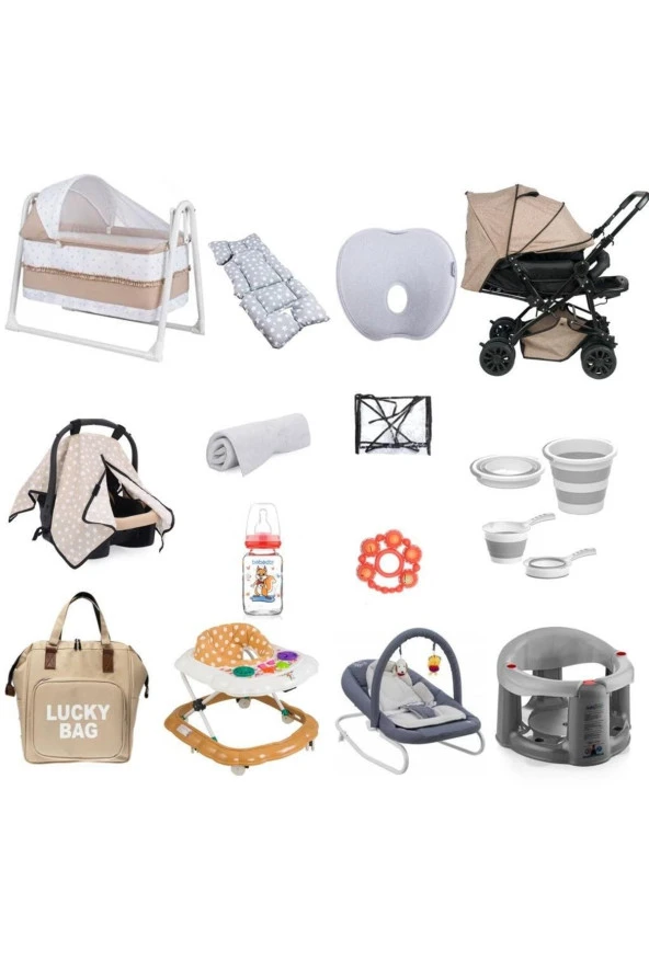 ALDEBA Çiftyön Bebek Arabası Bebek Çeyiz Seti 16parça Beşik Anakucağı Düz Kafa Yastığı Puset Banyo Oturağı