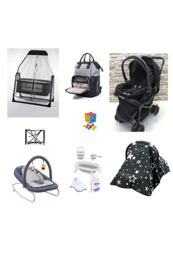 LETS GO BABY Ana Kucağı Bebek Arabası Cibinlik Beşik Çanta Katlanır Küvet Seti Puset Yağmurluk Oyuncak 13Parça