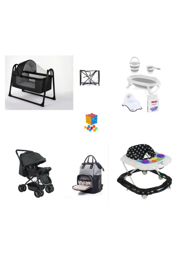 LETS GO BABY  Bebek Arabası Tenteli Beşik Çanta Katlanır Küvet Seti Yürüteç Yağmurluk Oyuncak 11Parça