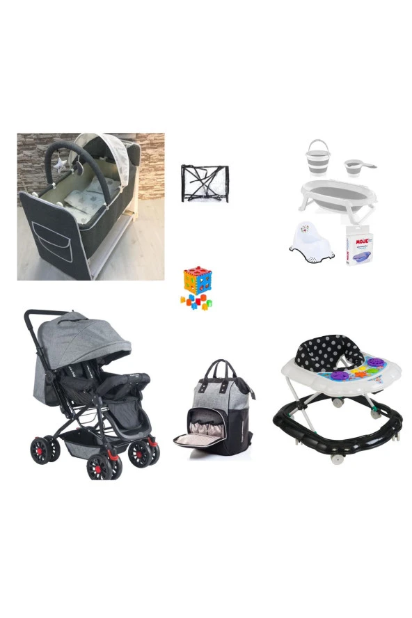 LETS GO BABY  Bebek Arabası Tenteli Beşik Çanta Katlanır Küvet Seti Yürüteç Yağmurluk Oyuncak 11Parça