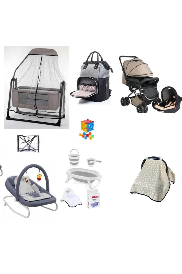 LETS GO BABY  Unisex Ana Kucağı Bebek Arabası Cibinlik Beşik Çanta Katlanır Küvet Seti Puset Yağmurluk 13 Parça