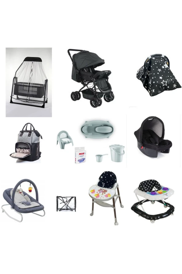 LETS GO BABY Bebek Seti 15Parça Çift Yön Tüllü Bebek Arabası Beşik Ana Kucağı Yürüteç Küvet Puset Mama Sandalyesi