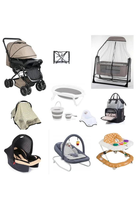 LETS GO BABY  Çift Yön Bebek Arabası Beşik 13Parça Set Katlanır Küvet Seti Anakucağı Puset Yürüteç Çanta