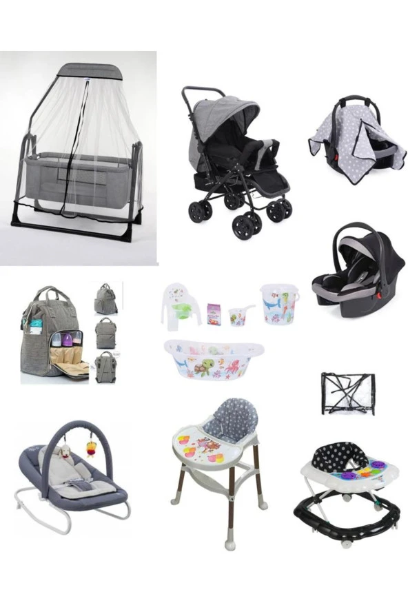 LETS GO BABY  Bebek Seti 15Parça Çift Yön Tüllü Bebek Arabası Beşik Ana Kucağı Yürüteç Küvet Puset Mama Sandalyesi
