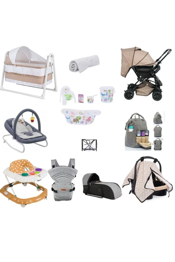 LETS GO BABY  14 Parça Şirin Set Beşik Bebek Arabası Portbebe Kanguru Ana Kucağı Küvet Seti Bakım Çantası Puset
