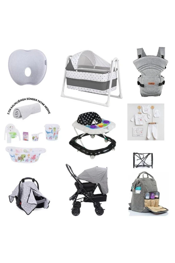 LETS GO BABY 20parça Bebek Çeyiz Seti Düz Kafa Yastığı Kanguru Beşik Küvet Çiftyön Bebek Arabası Puset