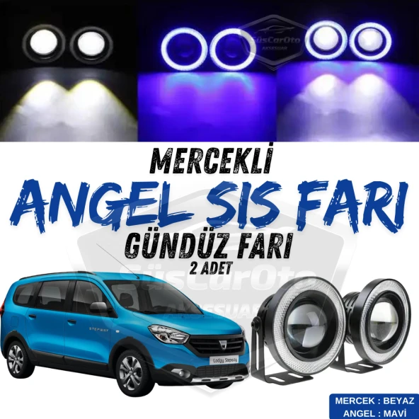 Dacia Lodgy 2012-2022 Uyumlu Üniversal Mercekli Angel Sis Farı Metal Su Geçirmez 76 mm Mavi Halkalı Gündüz Farı Angel Eyes 2 Adet