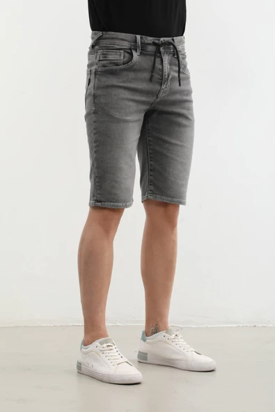 Erkek Likralı Bağcıklı Jean Şort - 7