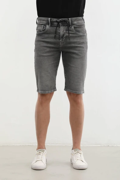 Erkek Likralı Bağcıklı Jean Şort - 6