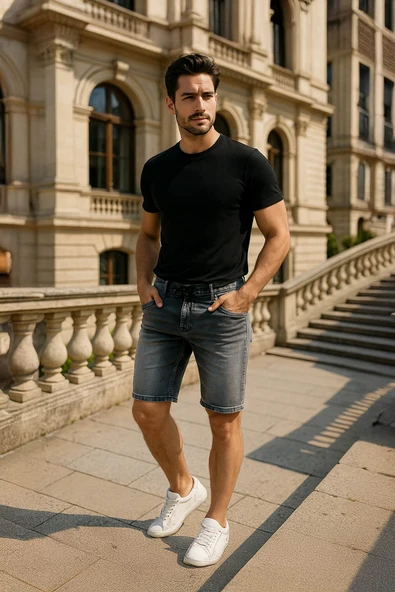 Erkek Likralı Bağcıklı Jean Şort