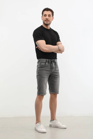 Erkek Likralı Bağcıklı Jean Şort - 2