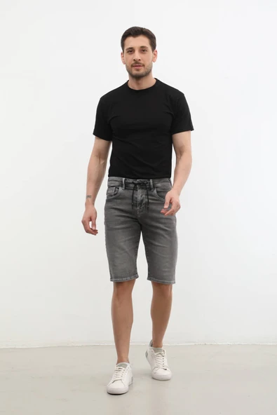 Erkek Likralı Bağcıklı Jean Şort - 2