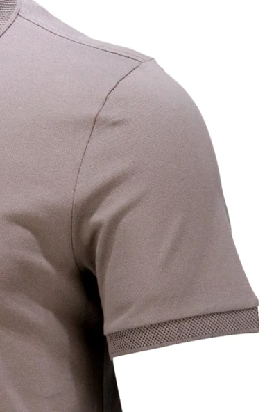 Erkek Polo Yaka Yumuşak Dokulu, Kol Bantlı Vizon T-Shirt - 3