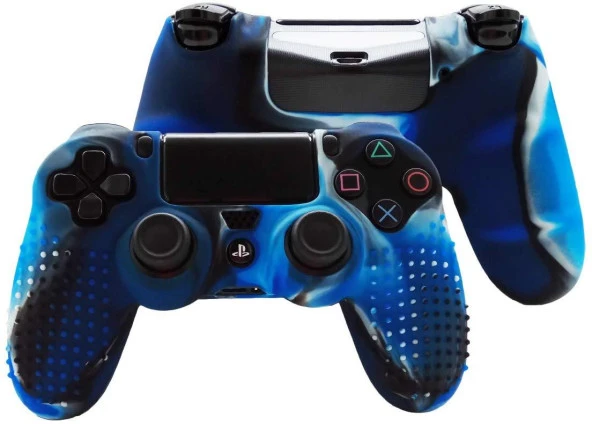 Cosmostech PS4 Controller Joystick Oyun Kolu Gamepad Uyumlu - Silikon Koruyucu Cover Mavi Kamuflaj