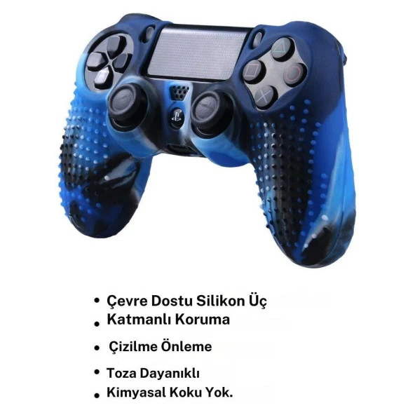 Cosmostech PS4 Controller Joystick Oyun Kolu Gamepad Uyumlu - Silikon Koruyucu Cover Mavi Kamuflaj - 6