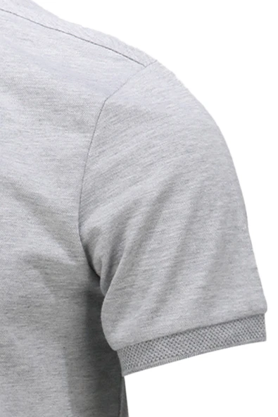 Erkek Polo Yaka Yumuşak Dokulu, Kol Bantlı Gri T-Shirt - 3