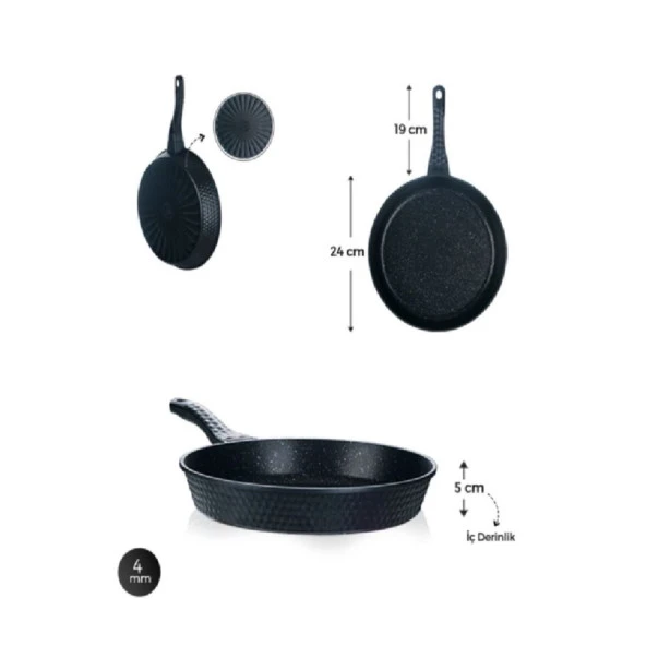 Acar Diamante Siyah 24 Cm Döküm Tava XDD-22-0036/12 - 2