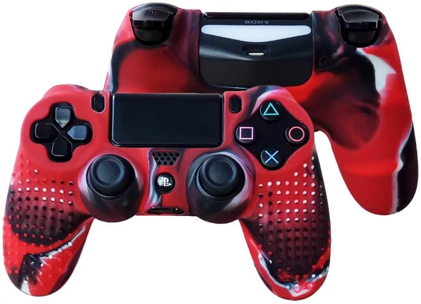 Cosmostech PS4 Controller Joystick Oyun Kolu Gamepad Uyumlu - Silikon Koruyucu Cover Kırmızı Kamuflaj