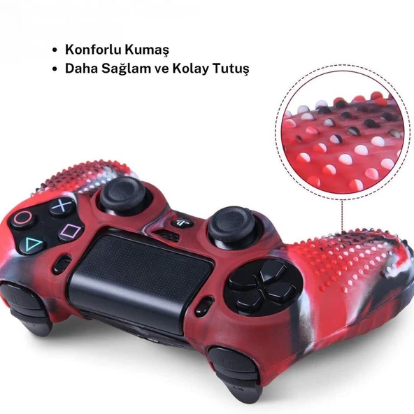 Cosmostech PS4 Controller Joystick Oyun Kolu Gamepad Uyumlu - Silikon Koruyucu Cover Kırmızı Kamuflaj - 5