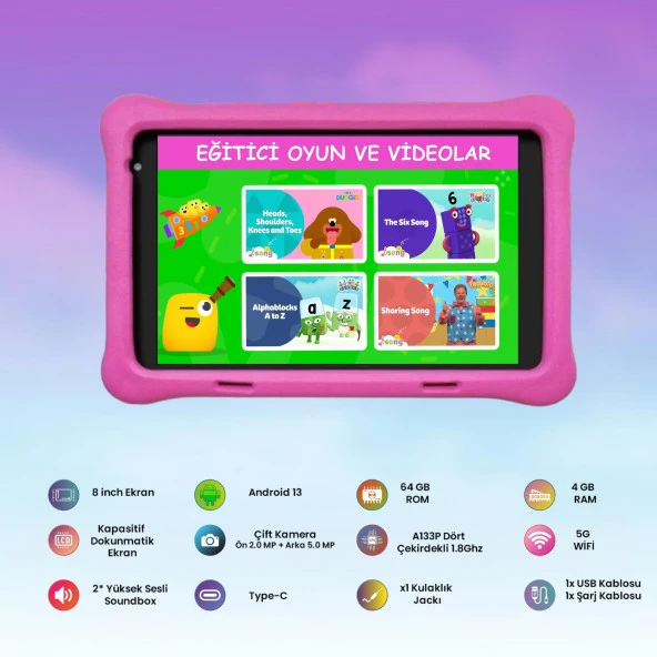 NPO 8" IPS Ekran 4GB 64GB Android 13.0 A133P 1.8GHz Antişok Çocuk Tableti, Kids Tablet Pembe RS407+ - 2