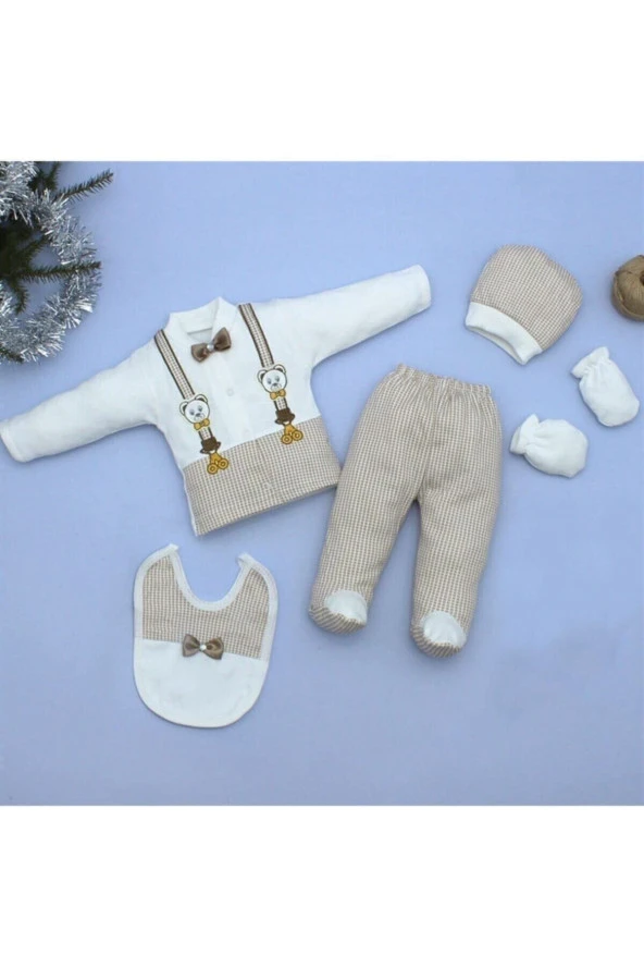 Bombinoo Ayıcıklı Kahve Papyonlu Yenidoğan Bebek 5 Li Hastane Çıkış Seti K2151 - 2