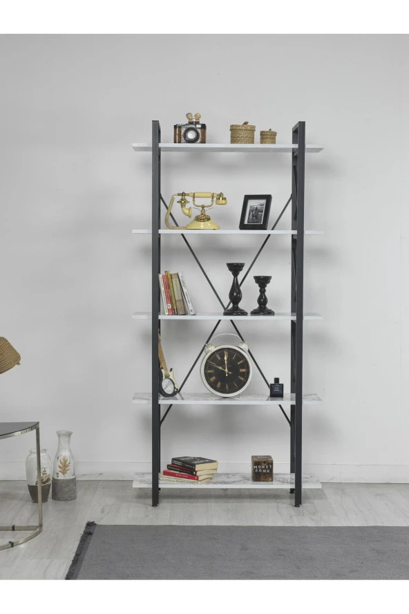 Evdesa Metal Kitaplık Dekoratif Raf Ev Ofis Rafı Kitap Dosya Rafı 5 Raflı Beyaz Mermer Kitaplık 180*25 - 2